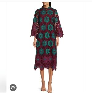 Chic Long Sleeve Lace Dress - Teal and Burgundy